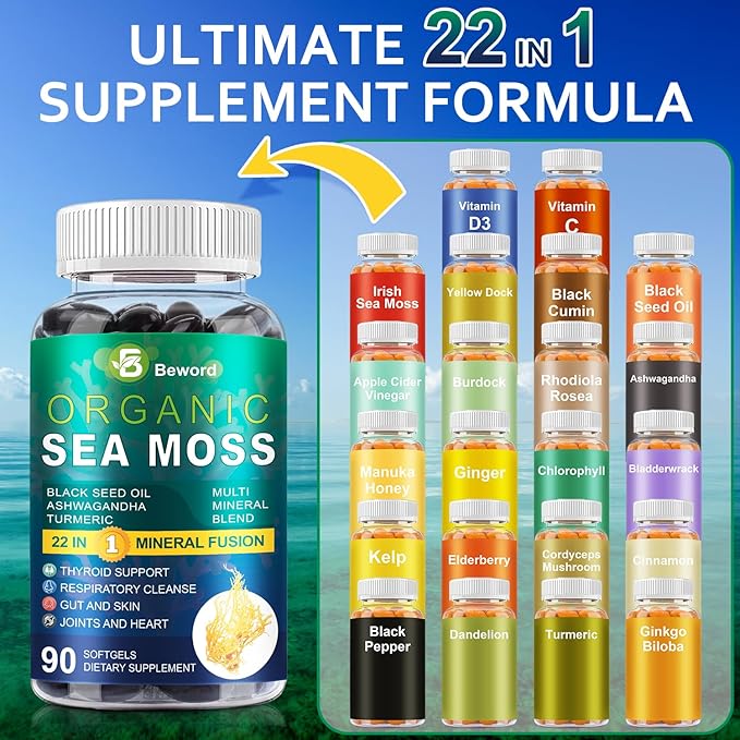 Organic Sea Moss Softgels, 180 Capsules - with Irish Sea Moss, Vitamin C,D3, Black Seed Oil, Ashwagandha, Turmeric, Bladderwrack, Burdock, Rhodiola Rosea - Immune, Skin & Energy Support, 2 Pack