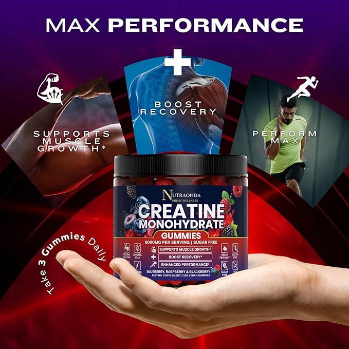 Pre-Workout Gummies – 120-Count Creatine Monohydrate Gummies for Men and Women – Pre-Workout Supplement with BCCA, L-Carnitine, Taurine for Muscle Growth, Energy, Performance – Berry Flavor