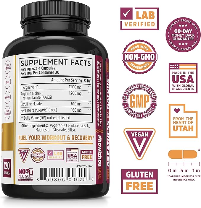 Zhou N.O. Pro - Premium Nitric Oxide Supplement for Men & Women, Heart, Muscle & Blood Support with Beet Root & L Arginine, Natural Nitric Oxide Booster - 120 Veggie Capsules