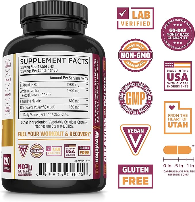 Zhou N.O. Pro - Premium Nitric Oxide Supplement for Men & Women, Heart, Muscle & Blood Support with Beet Root & L Arginine, Natural Nitric Oxide Booster - 120 Veggie Capsules