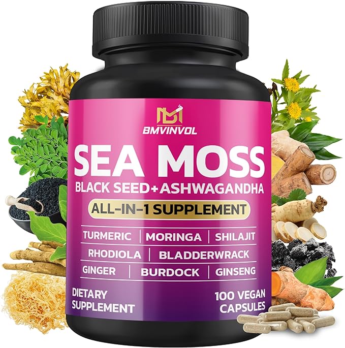 BMVINVOL Sea Moss Black Seed Shilajit Ashwagandha + Bladderwrack, Ginger, Moringa, Turmeric, Burdock, Ginseng, Rhodiola Rosea - 100 Capsules