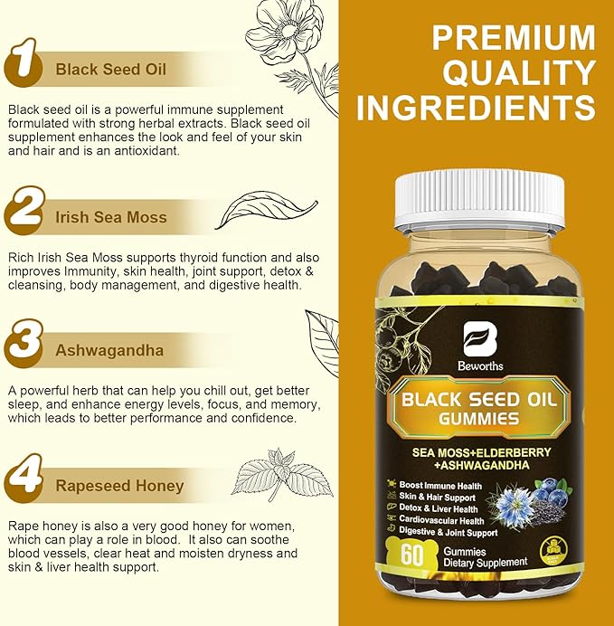 Black Seed Oil & Sea Moss Gummies, 2Pack Irish Sea Moss Gummies with Black Seed Oil, Ashwagandha Extract, Elderberry, Turmeric, Vitamin C, Vitamin D3 - Immune Support, Joints, Digestion, Hair & Skin