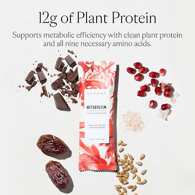 Sakara Metabolism Protein Super Bar - Sea-Salt Chocolate Protein Bar, Clean Protein Bars, 12g Plant Based Protein, Pre Post Workout Energy Bar