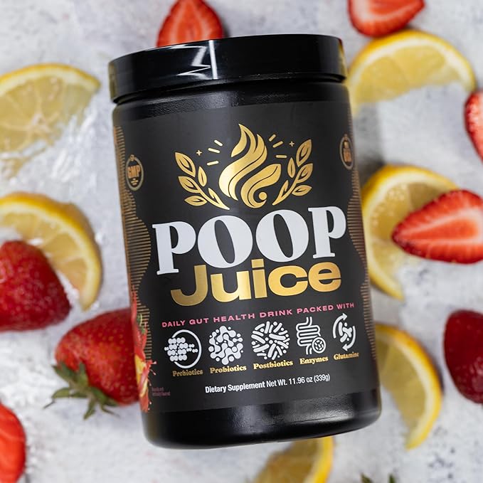 Poop Juice 5-in-1 Prebiotic, Probiotic, Postbiotic, Digestive Enzymes & Glutamine Supplement Powder - Bloat Relief, Gut & Immune Support - Sugar & Lactose-Free - 30 Servings (Strawberry Lemonade)