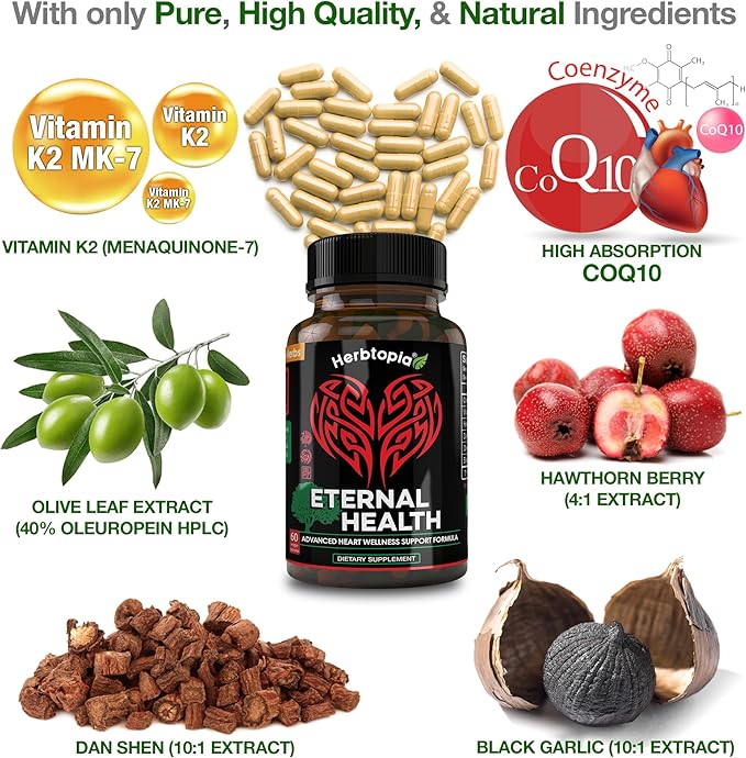 Eternal Health Blood Pressure Support Supplement – Heart Health & Blood Circulation Formula with CoQ10, K2 MK7, Black Garlic, Hawthorn, Olive Leaf & Dan Shen – 60 Capsules