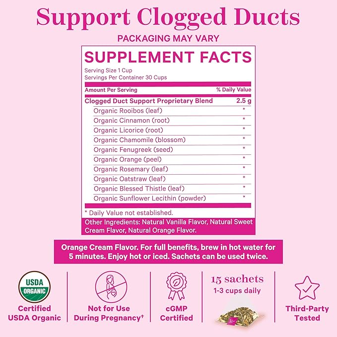 Pink Stork Sunflower Lecithin Lactation Tea, Clogged Milk Duct Support Tea with Fenugreek for Breast Milk Flow, Breastfeeding & Pumping Essentials - Vanilla Orange, 15 Sachets