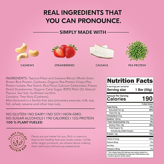 TRUBAR Vegan Protein Bar, Strawberry Shorty Got Cake, Gluten Free, Plant Based Protein, Dairy Free, Non GMO, Soy Free, No Sugar Alcohols, 12G Protein, 12G Fiber, 23G Carb, On the Go Snack Bars, 8 CT
