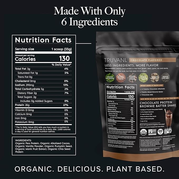 Truvani Vegan Pea Protein Powder | Chocolate | 20g Organic Plant Based Protein | 1 Serving | Keto | Gluten & Dairy Free | Low Carb | No Added Sugar