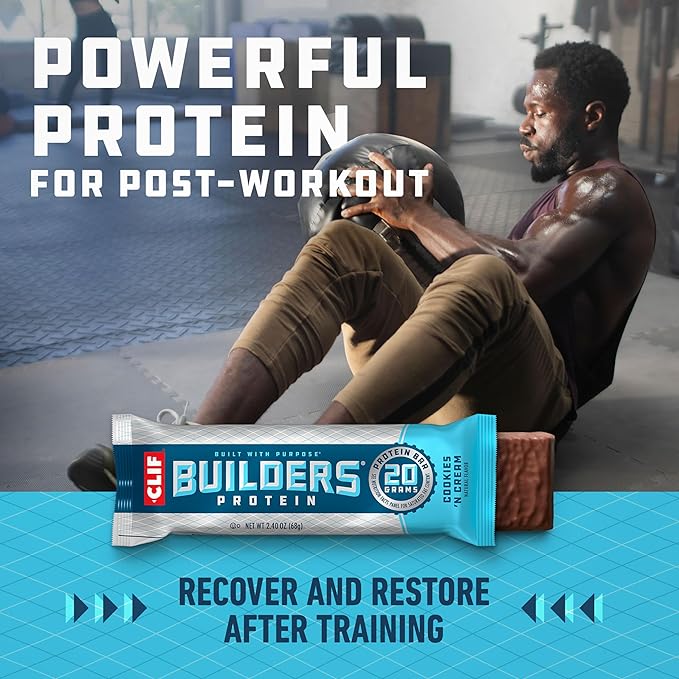 CLIF BUILDERS Protein Bars - Cookies 'n Cream Flavor - 20g Plant Based Protein - Gluten Free - Non-GMO - Low Glycemic - No Artificial Sweeteners - 2.4 oz. (12 Pack)