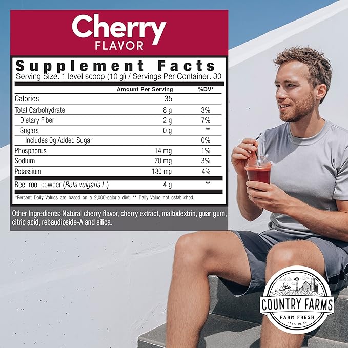 COUNTRY FARMS Bountiful Beets Powder, Wholefood Beet Extract Superfood, Natural Nitric Oxide Booster, Helps Support Healthy Circulation and Promote Energy, Natural Pump, Cherry Flavor, 60 Servings