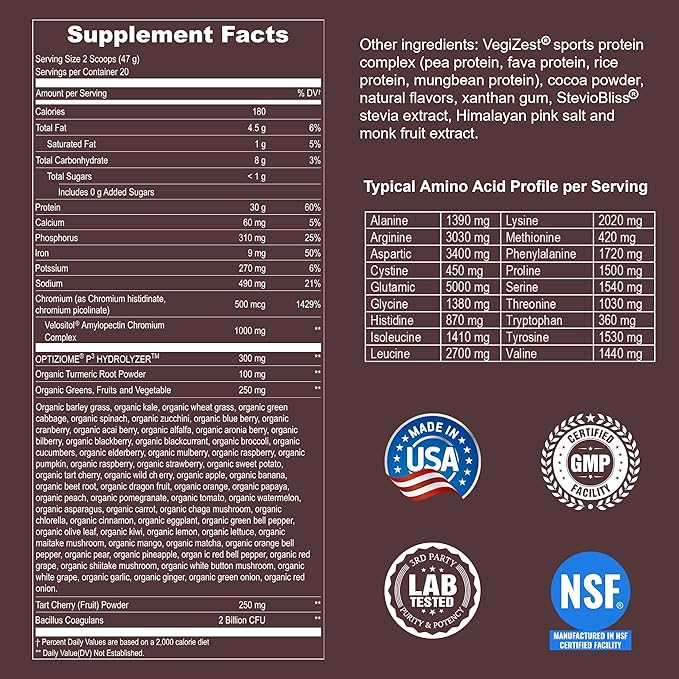 Vegan Sport Protein Powder Chocolate 20 servings – 30g Plant Based Protein, VELOSITOL, BCAAs, Organic Greens & Fruits, Probiotics, Tart Cherry for Post Workout Recovery, Inform Sports Certified Keto