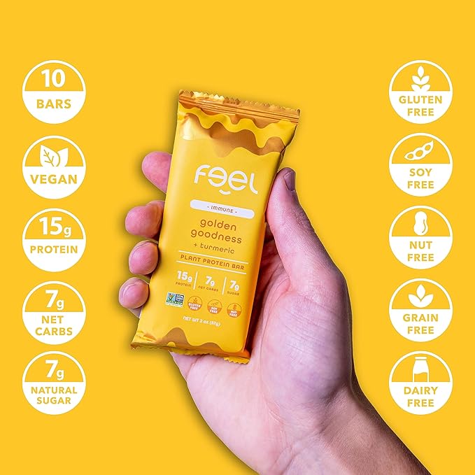 Feel Vegan Protein Bars | Golden Goodness | Keto | Gluten Free | Organic | Turmeric | 15g Plant Protein | Low Carb | High Protein | Dairy Free | Low Sugar | Grain Free | Nut Free | Soy Free | Non GMO - (Golden Goddess, 10 Pack)