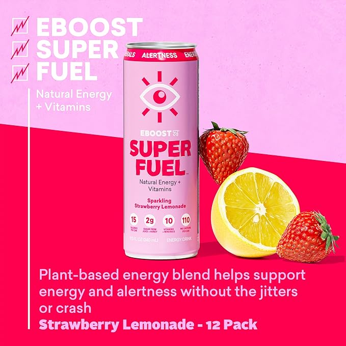EBOOST Super Fuel Natural Energy Drink - Strawberry Lemonade - 12 Pack x 11.5 Fl Oz - Natural Caffeine from Coffee & Green Tea - Essential Electrolytes, Nootropics & Vitamins - Sports Preworkout Drink