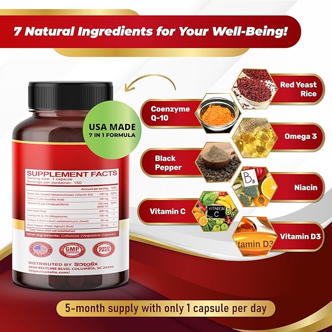 Ultra Red Yeast Rice with CoQ10, Omega 3 Niacin, Vitamin D3 for Overall Well-Being, Immune System Support - USA Made & Tested (150 Count (Pack of 1))