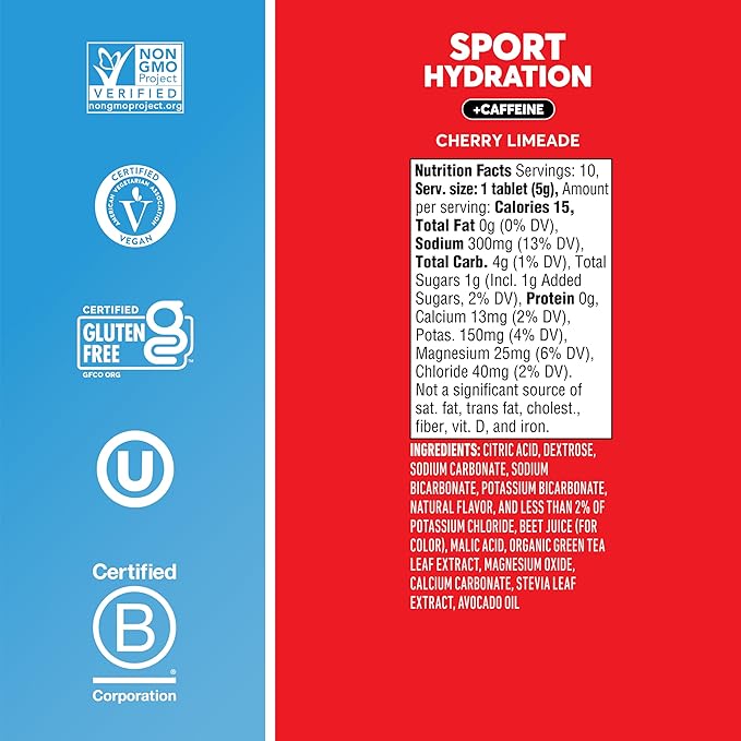 Nuun Sport Electrolyte Tablets with Caffeine from Green Tea Extract, Magnesium, Calcium, Potassium, Chloride & Sodium, Gluten Free & Vegan, Cherry Limeade, 8 Pack (80 Servings Total)