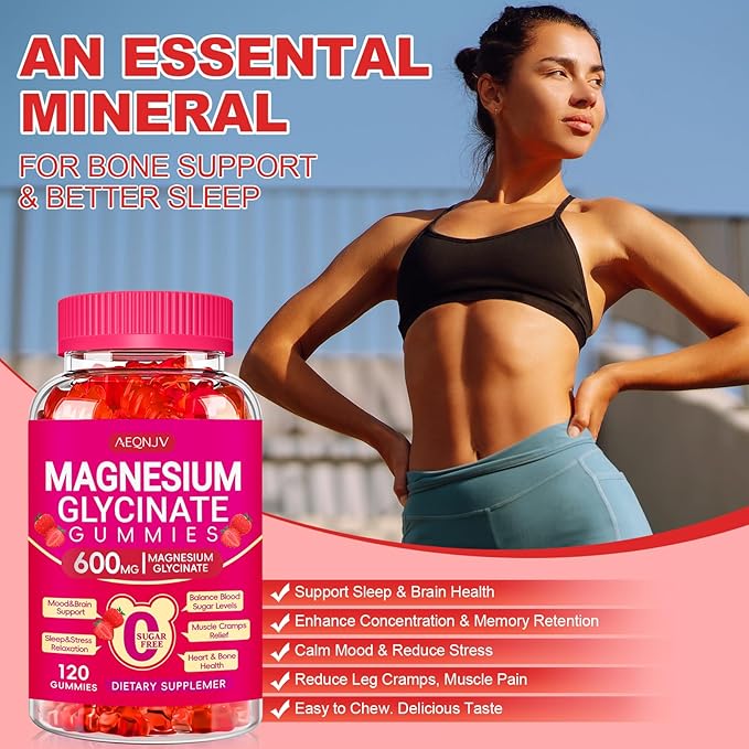 Magnesium Glycinate Gummies 600mg, Chewable Sugar Free Potassium Magnesium Gummies with Magnesium Glycinate, Vitamin D, B6 and CoQ10 for Sleep, Relaxation, Brain and Muscle, 60 Days Supply
