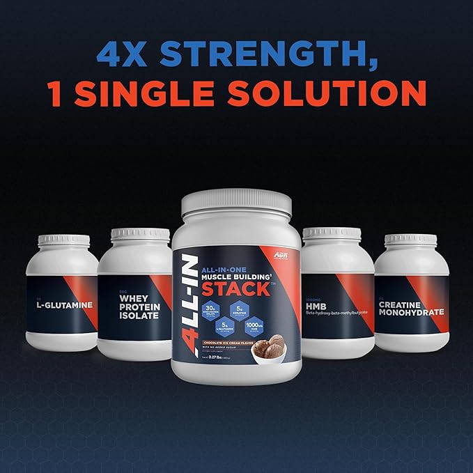 All-in-One Muscle Building Stack - Chocolate Whey Protein Isolate, Creatine Monohydrate, HMB, and L-Glutamine, 4 Products in one, Nothing Artificial, 30 Servings