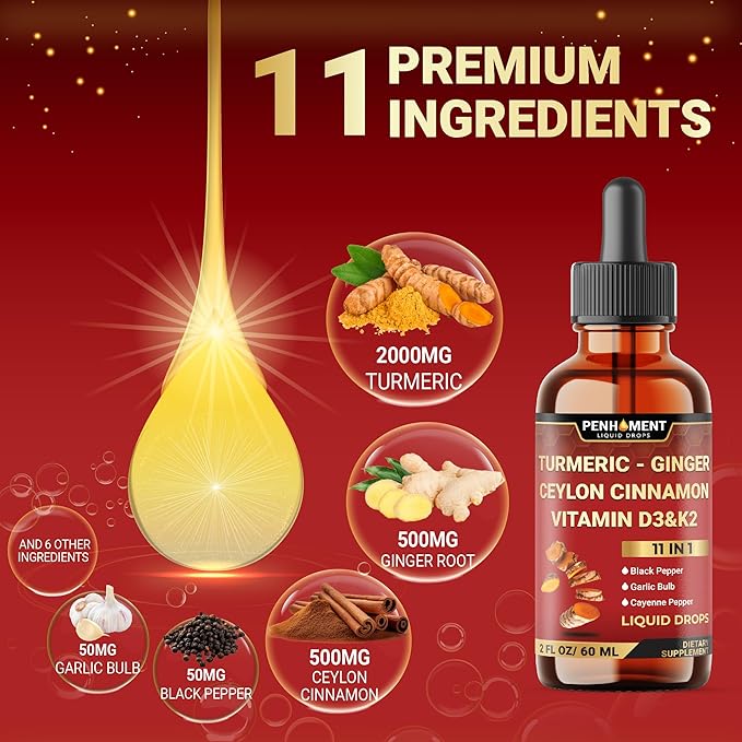 11in1 Liquid Turmeric Curcumin with Vitamin D3, Vitamin K2, Ginger, Ceylon Cinnamon, Berberine Extract, Garlic, Black Pepper - Drops Extract - 60ml - 2 Month Supply