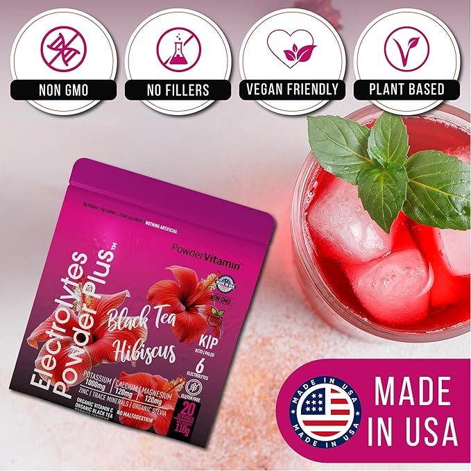 Electrolytes Powder Plus (20 Servings) Black Tea Hibiscus Electrolyte Powder Keto, Sugar Free, Pink Himalayan Salt,1000mg Potassium,120mg Calcium,120mg Magnesium, Hydration Powder