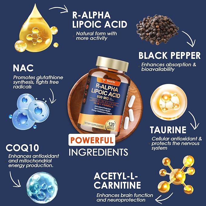 R Alpha Lipoic Acid 600mg - ALA Supplement Capsules for Neuropathy Support Supplement Antioxidant, Nerve Health, Liver Detox, Metabolism and Cell Energy, Anti-Aging, Non-GMO, Gluten Free, Vegan Safe