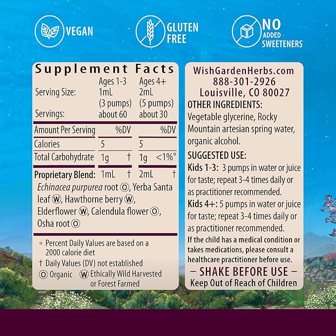 WishGarden Herbs Kick-It Immune for Kids - Immune Support Supplement for Kids, Herbal Immune Defense & Immune Booster with Echinacea, OSHA, Elder, Rapid Baby and Toddler Immune Support Formula, 4oz