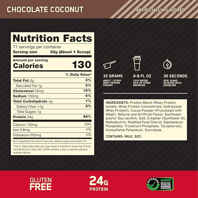 Optimum Nutrition Gold Standard 100% Whey Protein Powder, Chocolate Coconut, 5 Pound (Packaging May Vary)