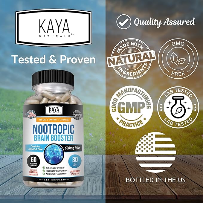 Kaya Naturals - Nootropic Brain Booster - for Memory & Focus - Brain Support Supplement - Focus & Concentration & Learning Accuracy - Cognitive Function - 60 Count