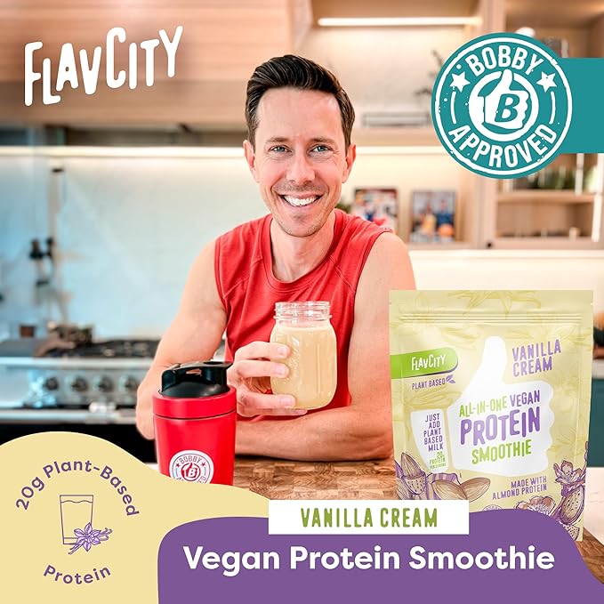 FlavCity Vegan Protein Powder - Vanilla Smoothie - 20g Almond, Plant Based Protein Powder - Dairy-Free Shake - with Organic Fruit, Reishi & Cordecyps Mushrooms - No Blender Needed (15 Servings)