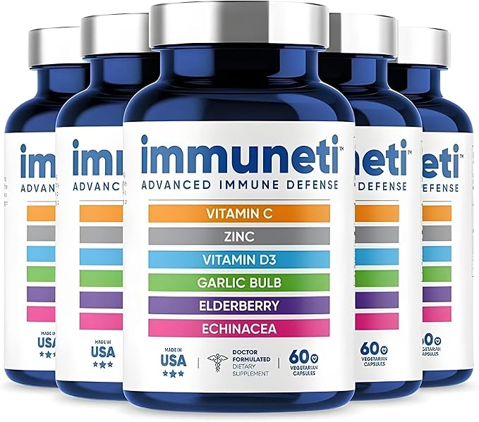 Immuneti - Advanced Immune Defense, 5-in-1 Powerful Blend of Vitamin C, Zinc, Elderberries, Garlic Bulb, Echinacea - 5 Pack - Supports Overall Health, Provides Vital Nutrients & Antioxidants