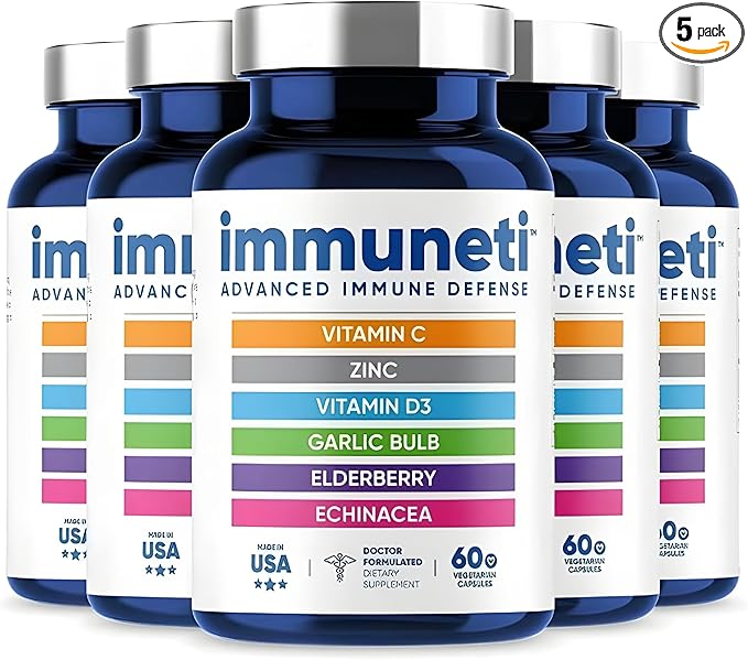 Immuneti - Advanced Immune Defense, 5-in-1 Powerful Blend of Vitamin C, Zinc, Elderberries, Garlic Bulb, Echinacea - 5 Pack - Supports Overall Health, Provides Vital Nutrients & Antioxidants