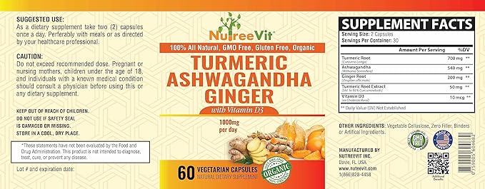 Organic Turmeric Ashwagandha Ginger Vitamin D3-60 Capsules - Extra Strength Ashwagandha Root Turmeric Supplement Immune Support - Ashwagandha Supplements with Natural Ginger and Turmeric