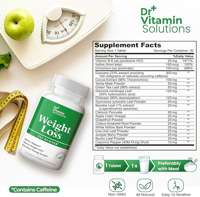 DR VITAMIN SOLUTIONS Weight Loss Supplements for Women & Men - Includes Green Tea Extract, Chromium, Vitamin B6 - Energy Booster, Belly Fat Burner & Appetite Suppressant Diet Pills - 30 Tablets