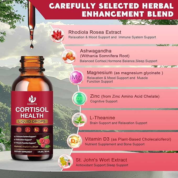 Cortisol Supplement Liquid Drops, Cortisol Supplements with Magnesium Complex, Rhodiola Rosea, L-Theanine, Ashwagandha for Balanced Cortisol, Hormone Balance and Mood Support (2 Pack, 1 Fl Oz)