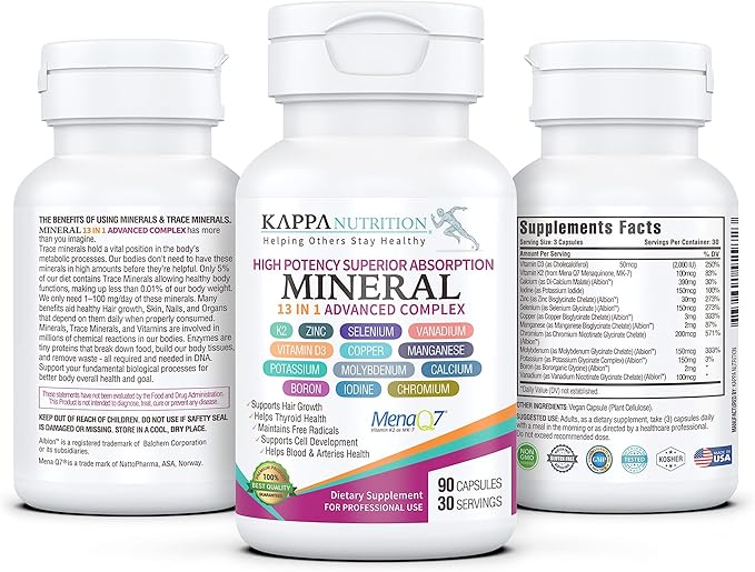 KAPPA NUTRITION (90 Capsules,Vitamin K2, Vitamin D3, Zinc, Selenium, Vanadium, Copper, Manganese, Potassium, Molybdenum, Calcium, Chromium, Iodine, Boron, Mineral 13 in 1 Advanced Complex, from