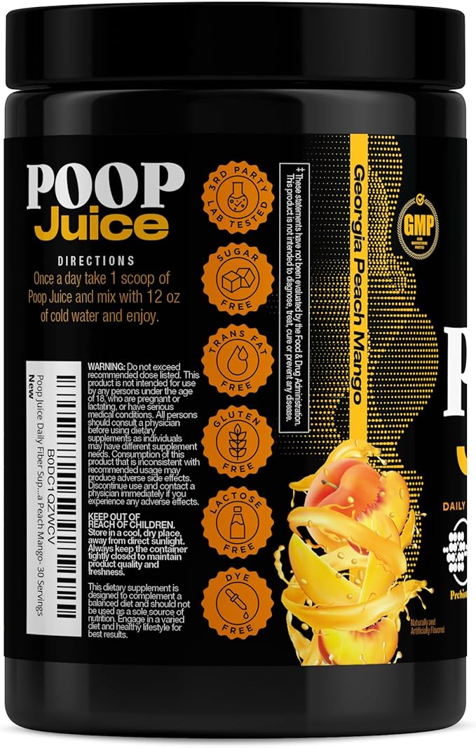Poop Juice 5-in-1 Prebiotic, Probiotic, Postbiotic, Digestive Enzymes & Glutamine Supplement Powder - Bloat Relief, Gut & Immune Support - Sugar & Lactose-Free - 30 Servings (Georgia Peach Mango)