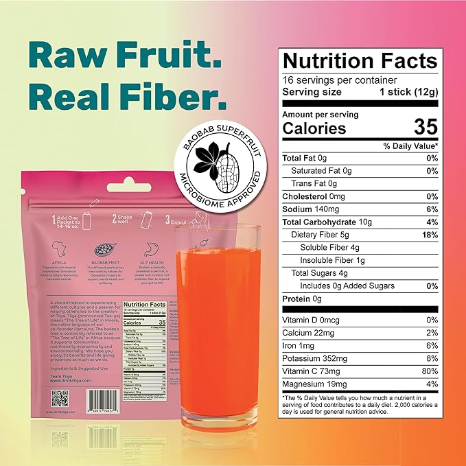 Tiiga 2-in-1 Gut Health + Hydration Drink Mix – Natural Debloat Formula with 75%+ Baobab & Coconut Water. High in Antioxidants, Prebiotics, Zero Added Sugar, Supports Digestion, Energy & Helps Debloat