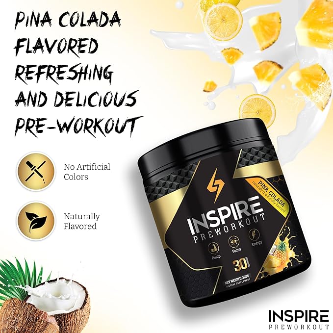 Inspire Pre Workout for Men & Women – 6g Citrulline Malate 2:1, L-Arginine, Beta Alanine, Clean Energy, Endurance Support, & Focus Formula for Pump – 30 Servings, Pina Colada Flavor