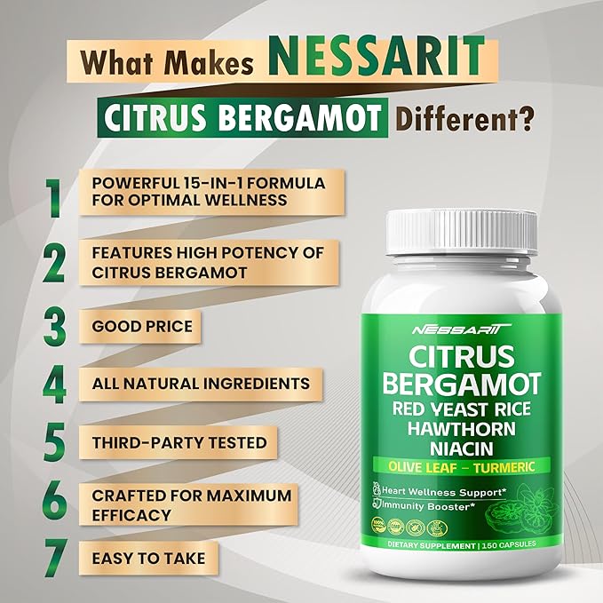 Citrus Bergamot Supplement - 15-in-1 Natural Blend with Red Yeast Rice Hawthorn Olive Leaf Odorless Garlic Turmeric Ginger Fenugreek - 150 Count - Made & Tested in The USA