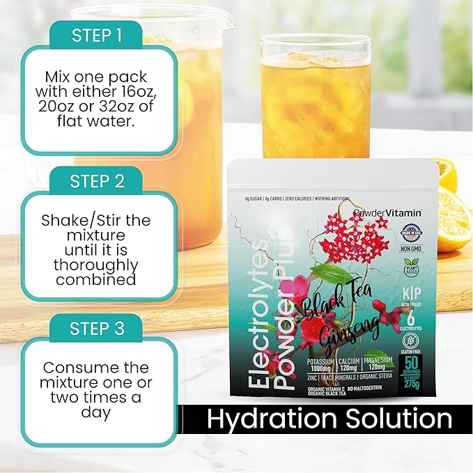 Electrolytes Powder Plus (50 Servings) Black Tea Ginseng Electrolyte Powder Keto, Sugar Free, Pink Himalayan Salt,1000mg Potassium,120mg Calcium,120mg Magnesium, Hydration Powder