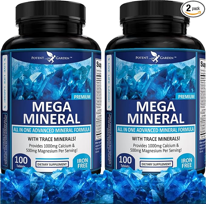 Potent Garden 2-Pack Mega Mineral Supplement Complete Mineral Complex with Calcium Magnesium Zinc Potassium Boron Selenium Chromium & 72 Trace Minerals Iron Free Calcium Supplement -200 Pills