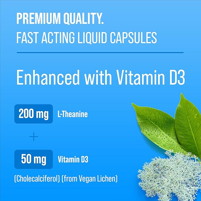 NutraChamps L-Theanine 200mg Capsules | Double-Strength L-Theanine Liquid with Vitamin D3, Organic Coconut Oil | Supports Mood, Focus, Stress Relief | L-Theanine for Kids & Adults | 60 Vegan Capsules