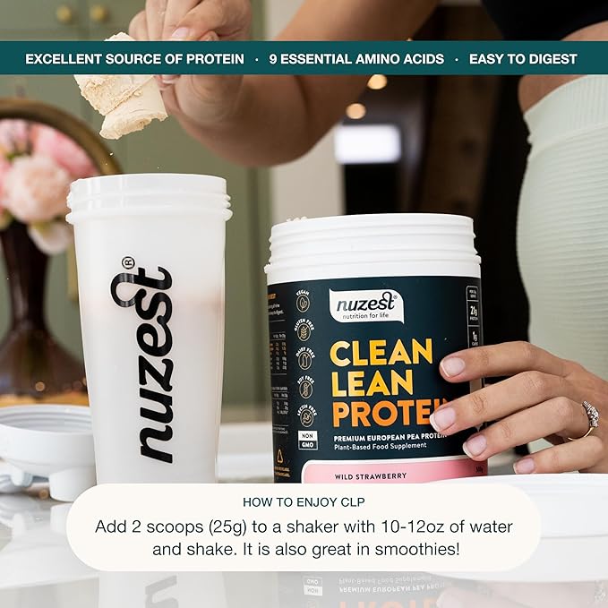 Nuzest - Pea Protein Powder - Clean Lean Protein, Premium Vegan Plant Based Protein Powder, Dairy Free, Gluten Free, GMO Free, Protein Shake, Wild Strawberry, 20 Servings, 1.1 lb