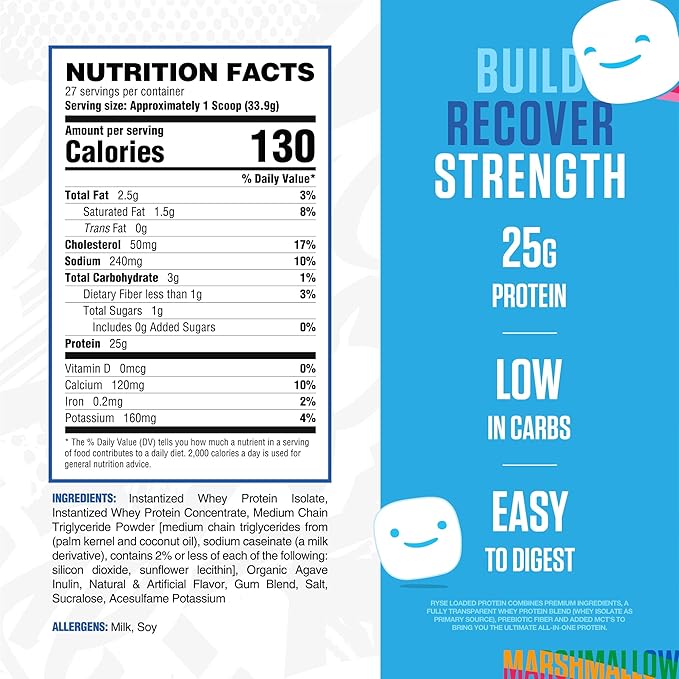 Ryse Loaded Protein Powder - Jet-Puffed Marshmallow - 25g Whey Protein Isolate & Concentrate with Prebiotic Fiber & MCTs - Low Carb, Low Sugar, Digestive-Friendly - 27 Servings / 2 lb Tub