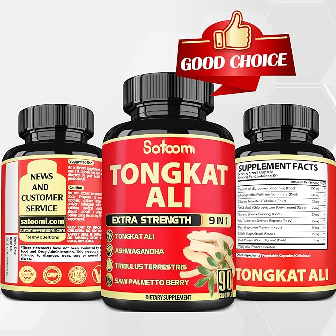 Satoomi 9in1 Tongkat Ali Root Extract - Ashwagandha, Tribulus Terrestris - 90 Capsules for 3 Months - Support Strength, Energy & Healthy Immune