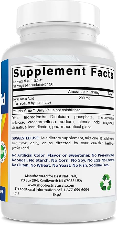 Best Naturals Hyaluronic Acid 200 mg 120 Tablets (Non-GMO, Gluten Free) - Promotes Youthful Healthy Skin & Healthy Joint Function (120 Count (Pack of 3))
