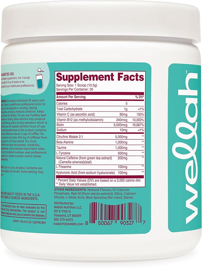 Wellah Get-Going Pre-Workout Drink Mix (Blue Hawaii Flavored, 30 Servings)