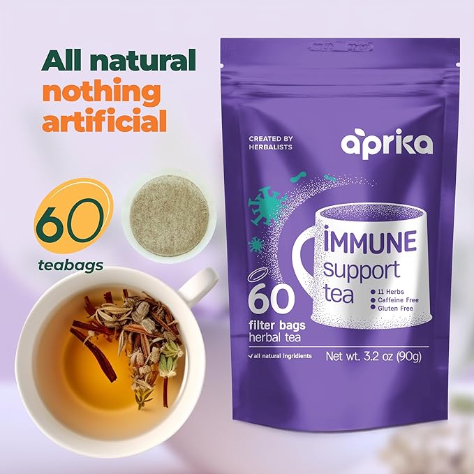 Immunity Booster Decaffeinated Tea Bags, Pure Herbal Immunity Blend - Lemon Balm, Peppermint, Chamomile, Lavender. Immune Support Supplement - 60 Bags by Aprika Life