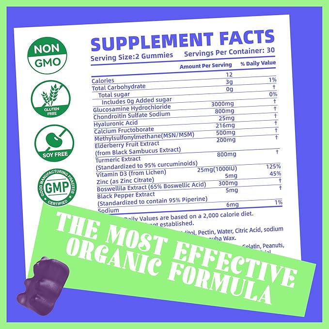 Glucosamine Chondroitin Gummies with MSM & Elderberry Extra Strength - Joint Support, Antioxidant Immune Support Supplement for Adults, Men & Women.(2 Pack) Blueberry