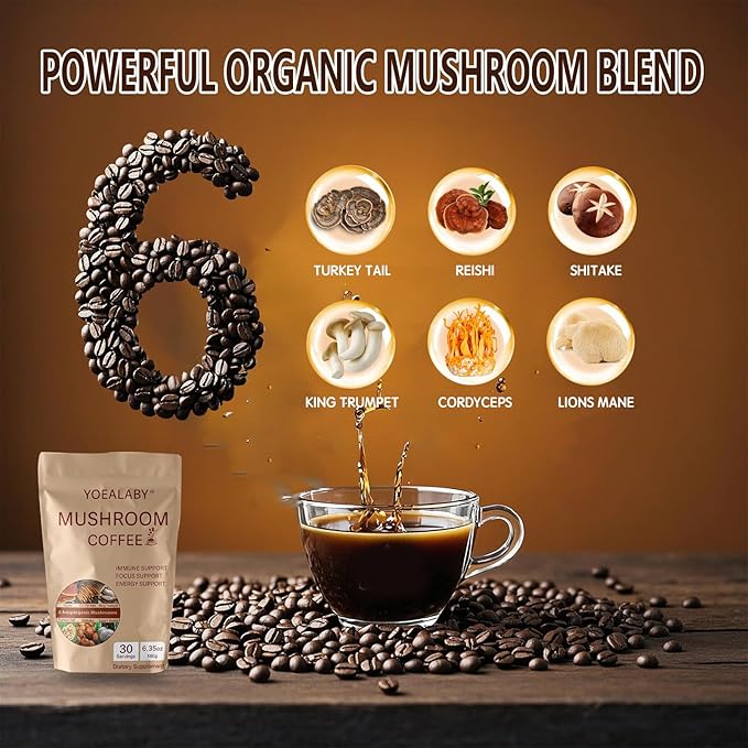 Mushroom Coffee,Organic 6 Adaptogenic Mushrooms Cordyceps, Reishi, Lion's Mane - Enhanced with MCT Oil, Non-GMO Instant Coffee - 180g, 30 Servings - Enhances Focus, Energy & Immunity