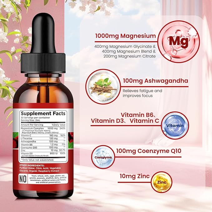 Triple Magnesium Complex Supplement, Magnesium Glycinate, Citrate Liquid Drops 1000mg with Ashwagandha, CoQ10, Vitamin B6, C, D, Zinc - Vegan Raspberry Flavor